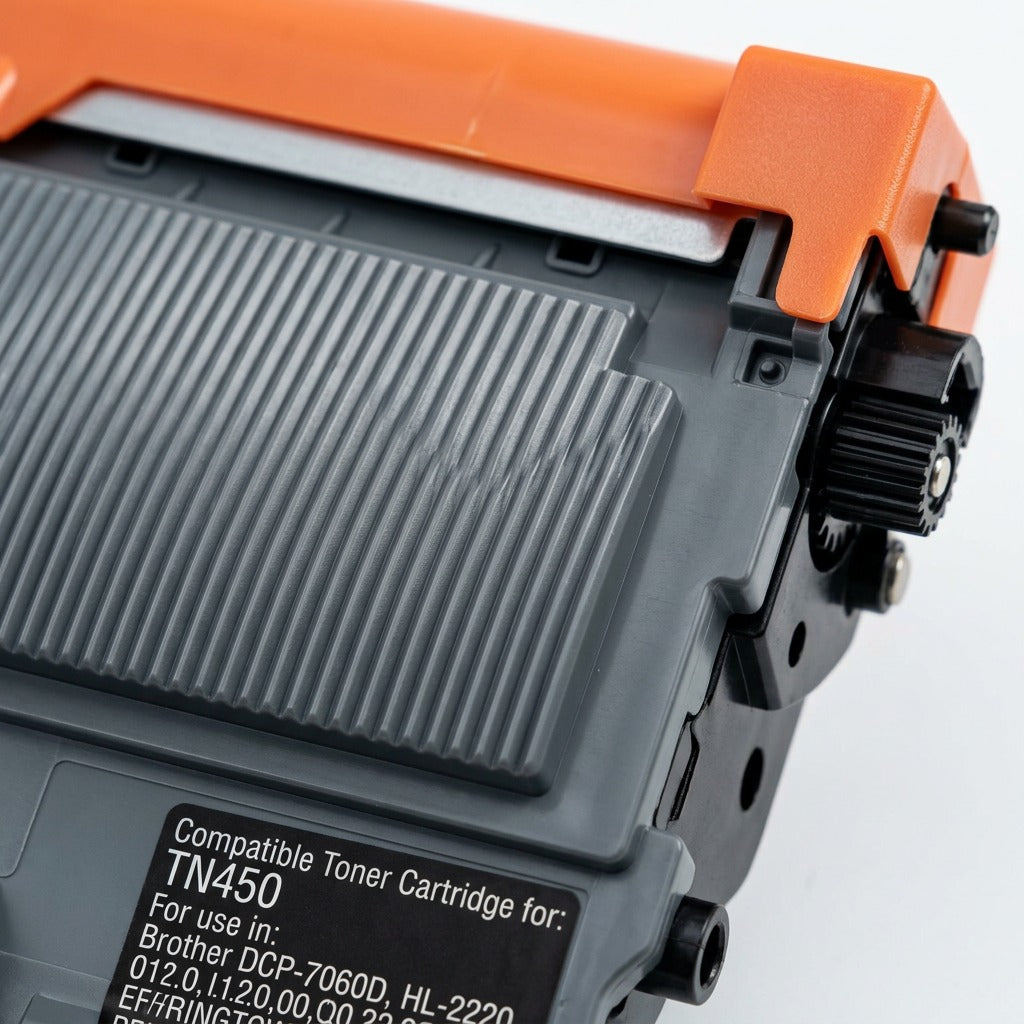 Macro close-up of CTTN450 toner, highlighting the ribbed texture and detailed input gears.