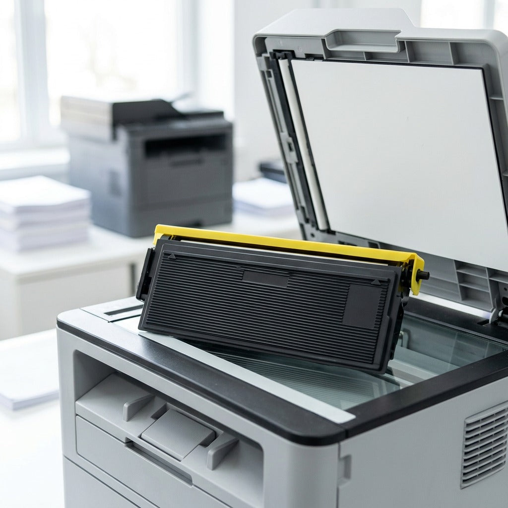 A photo of the specific CTTN460 compatible toner cartridge from image_0.png, sitting on an open office laser printer.