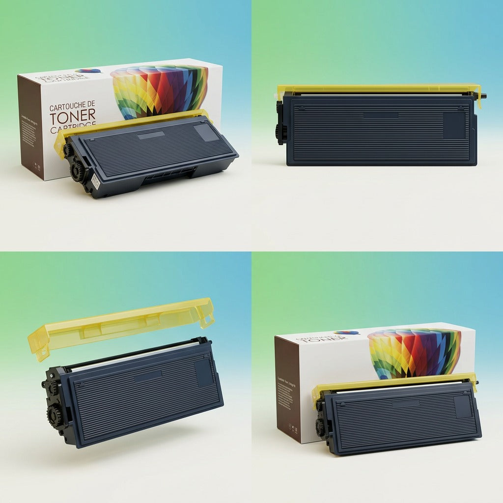A premium 2x2 grid matrix displaying the compatible TN460 toner cartridge from four detailed, realistic angles.