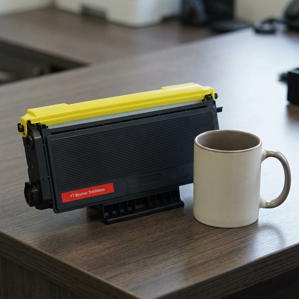 Scale reference photo: A black and yellow toner cartridge (TN580/650 compatible) on a wood desk beside a standard coffee mug.