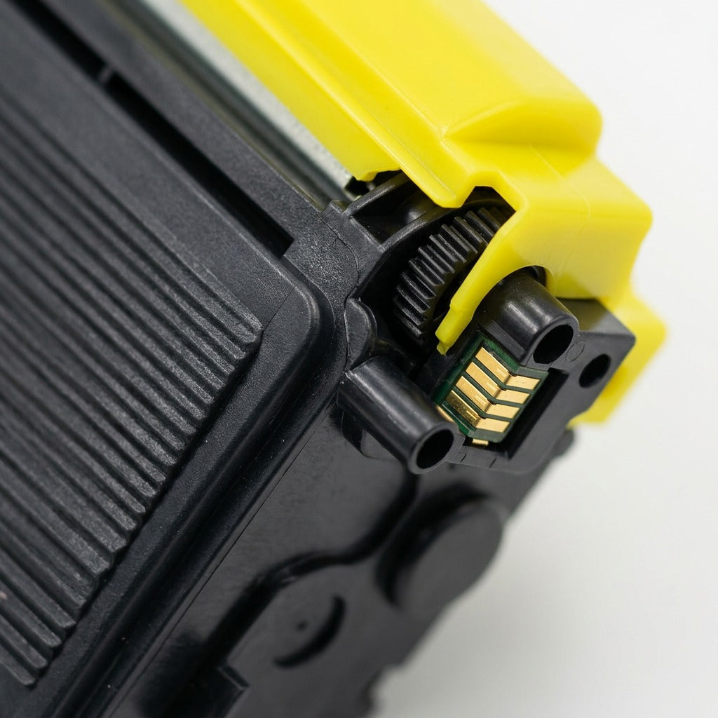 A macro photograph focuses on the intricate texture of the black toner cartridge surface and its connectors.