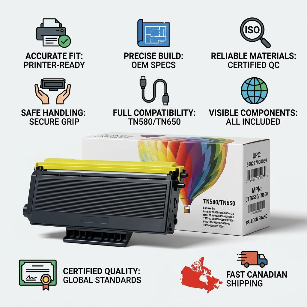 Trust infographic for Ballon TN580/TN650 compatible toner, highlighting quality certifications and Canadian shipping.