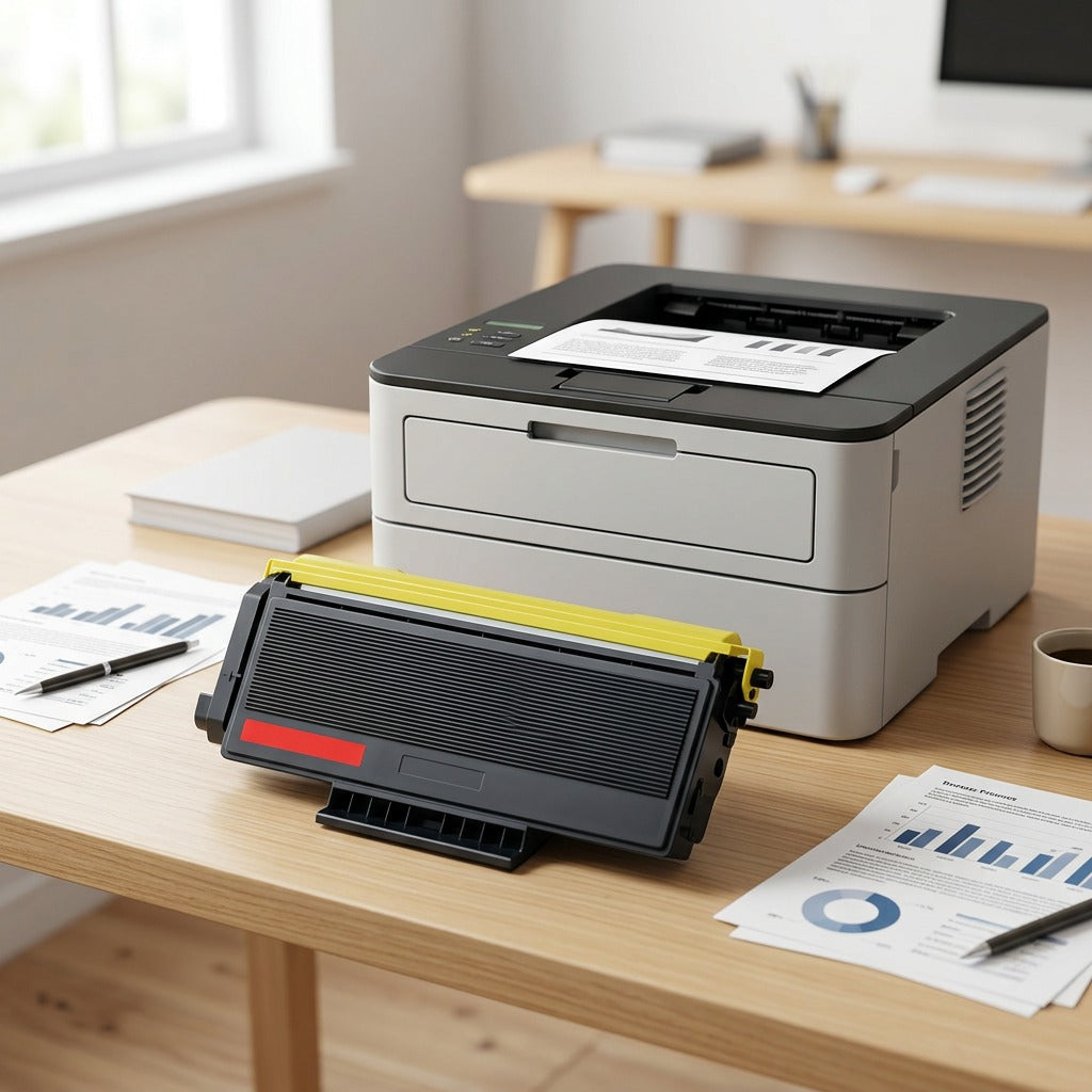 Toner cartridge placed on a wooden office desk next to a modern printer and scattered documents.