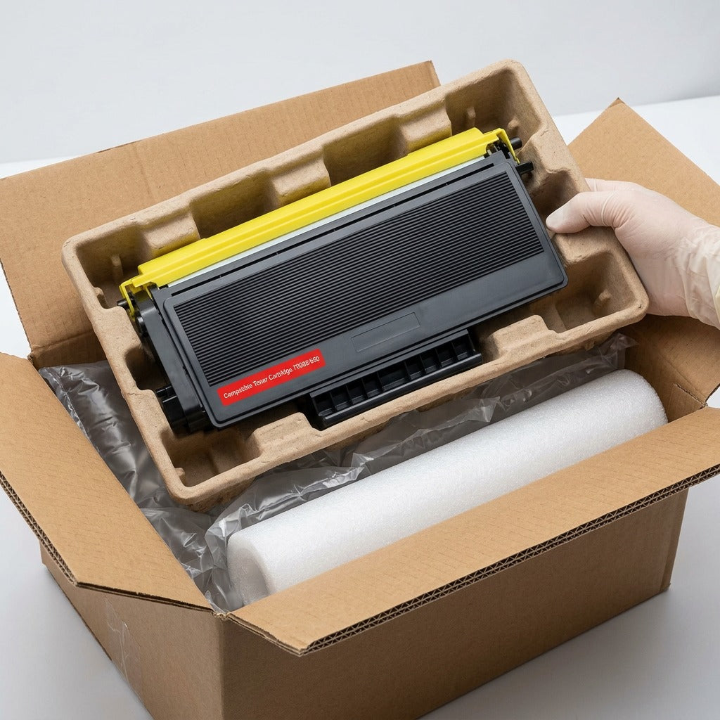 High-resolution ecommerce photo of standard protective shipping packaging for a high-yield toner cartridge, reassuring safe transit.