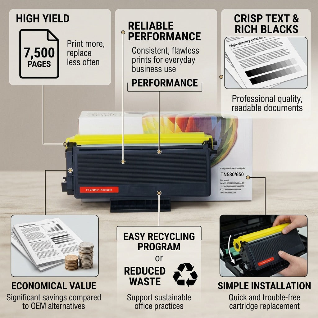A product matrix graphic highlighting features of the CTTN580/TN650 compatible toner like page yield and quality.