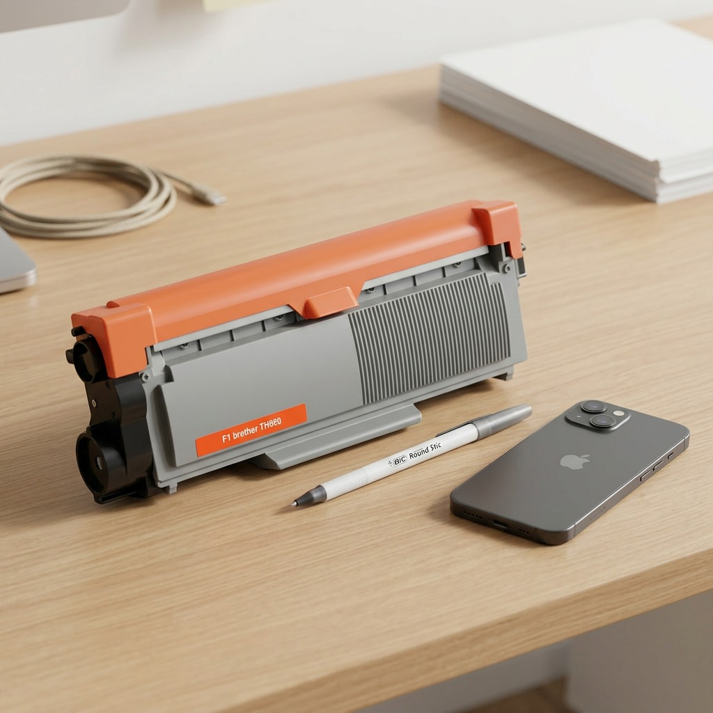 A CTTN660 toner cartridge sits on a light wood desk next to an iPhone for precise scale reference.