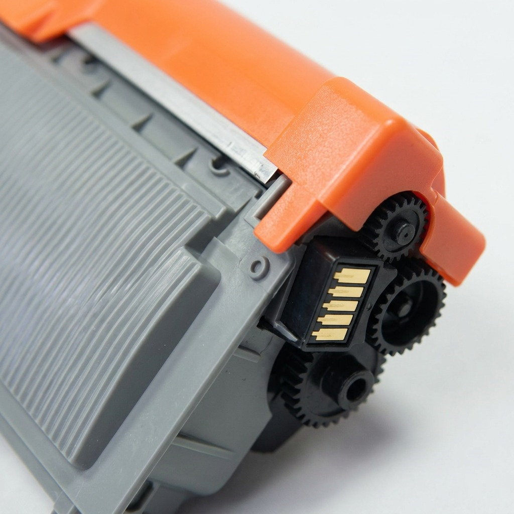 Macro shot focuses on the critical end gears, electrical contacts, and orange clip of the TN660 toner, illustrating detailed compatibility elements.