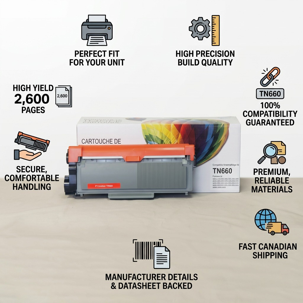 Factual infographic for CTTN660 toner, listing features like high yield and Canadian shipping.