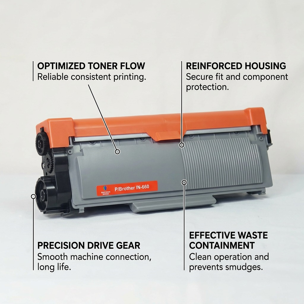 Operational feature graphic for the Balloon Brand TN660 compatible toner cartridge.