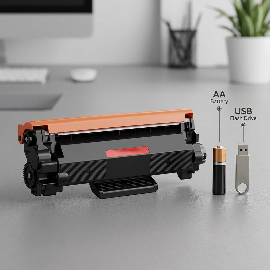 A close-up, perspective photo of the black and orange TN760 compatible toner cartridge from image_0.png placed on an office desk, right next to a standard AA-size alkaline battery and a generic USB flash drive for scale comparison. The texture and form of the cartridge are highly detailed against a clean, defocussed background of an office environment with neutral lighting.
