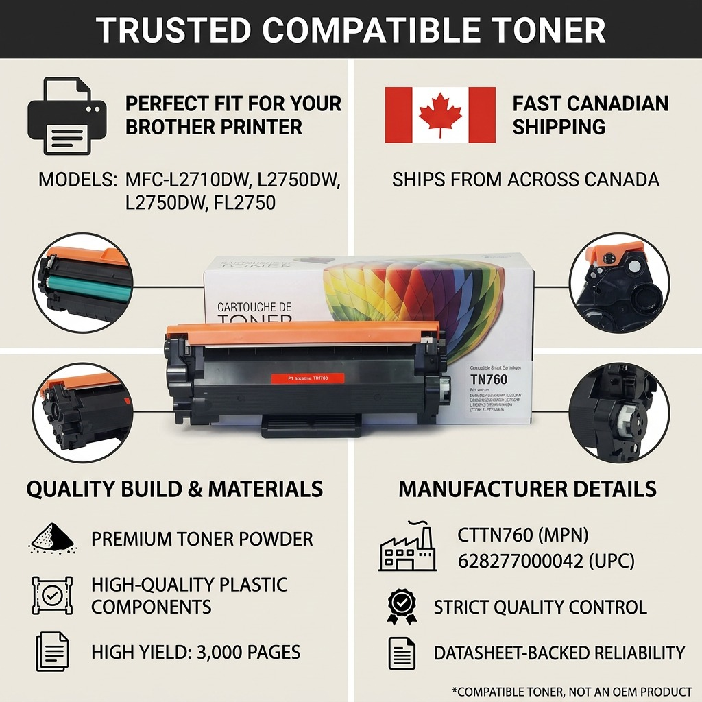 PDP visual matrix infographic for CTTN760 toner, showing compatibility, fast Canadian shipping, features, and model data.