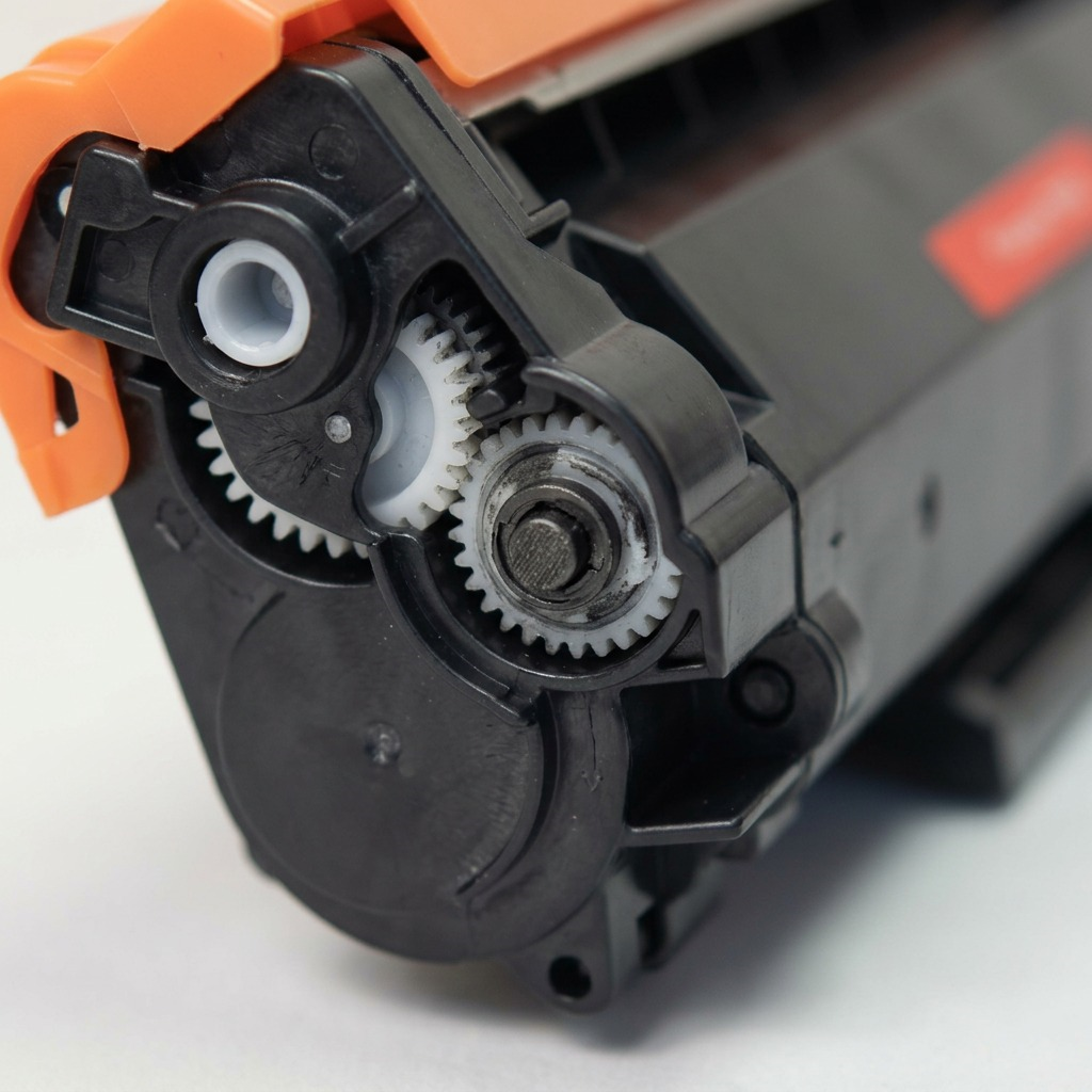 Extreme macro close-up of the interlocking white plastic gear mechanism on the CTTN760 toner cartridge side panel.