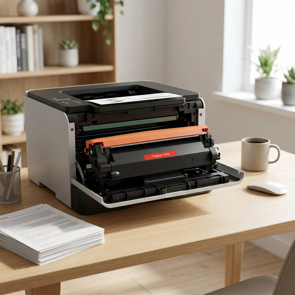lifestyle context of Balloon Brand CTTN760 toner cartridge in a neat desk setup