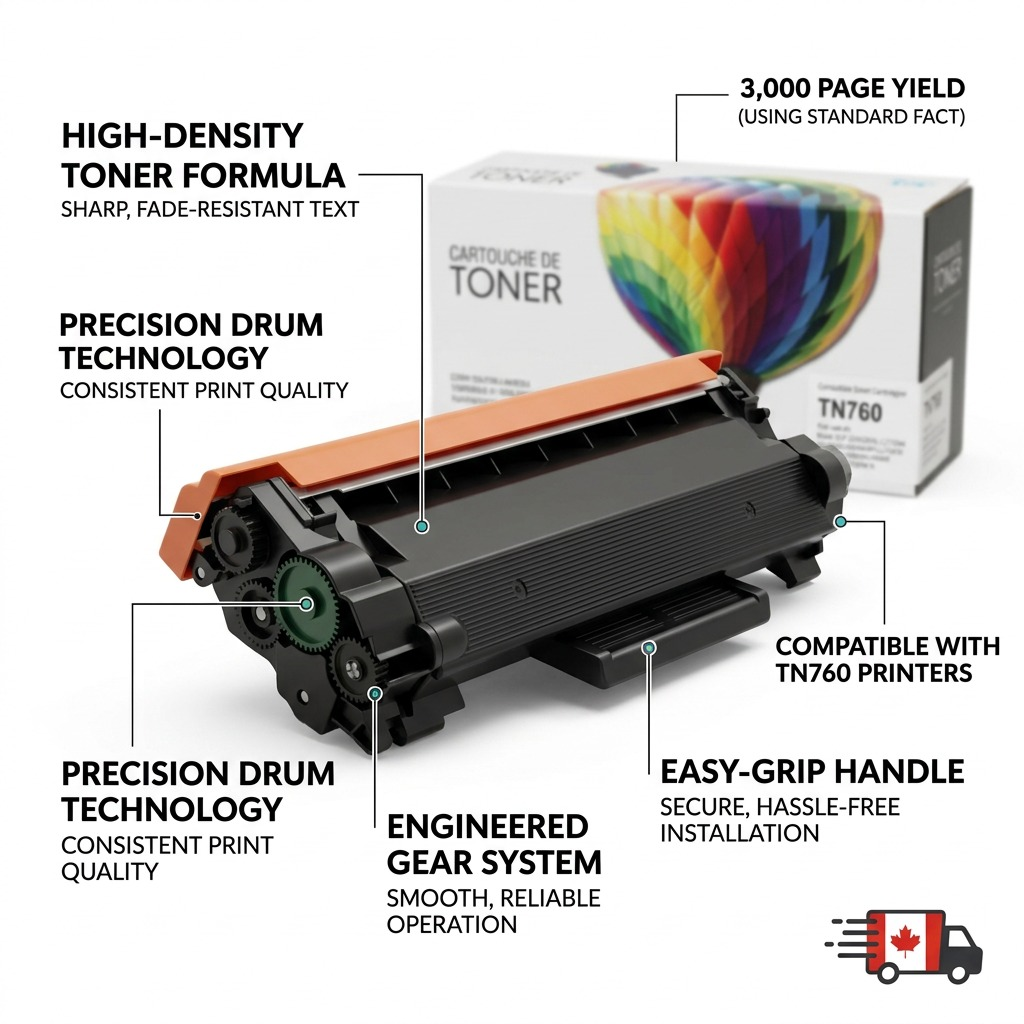 Toner feature callouts for yield, drum, formula, gears, handle, and compatibility plus Canadian fast shipping.
