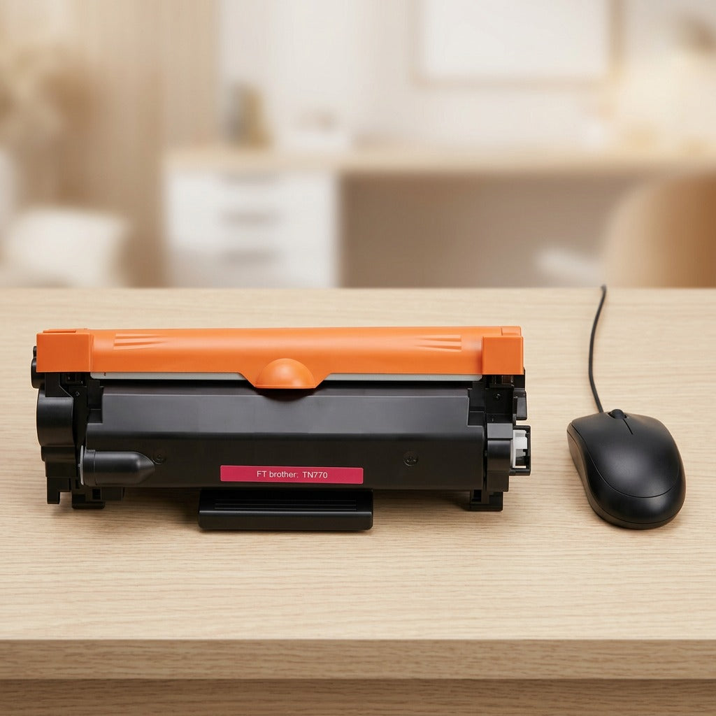 A compatible Brother TN770 toner cartridge shown in correct scale on a desk next to a standard computer mouse.