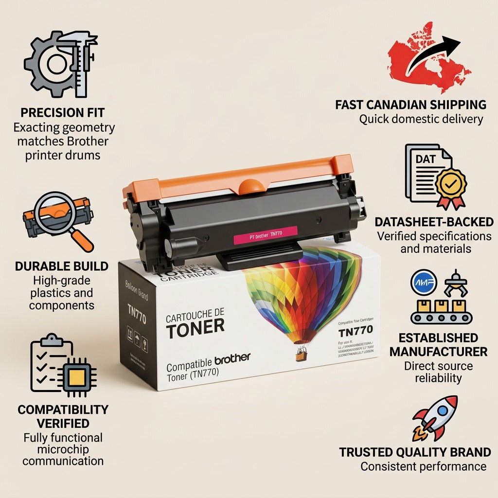 Infographic for Balloon Brand TN770 toner cartridge highlighting precision fit, durable build, verified compatibility, fast Canadian shipping, datasheet-backed specs, established manufacturer reliability, and trusted quality.