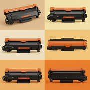 Six views of a black and orange compatible toner cartridge in a configuration grid layout.