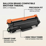 A PDP visual matrix image showing the Balloon Brand Compatible TN830XL cartridge with pointers to keys features: SMART CHIP, PRECISION FIT, and HIGH YIELD TONER, translating tech into benefits.