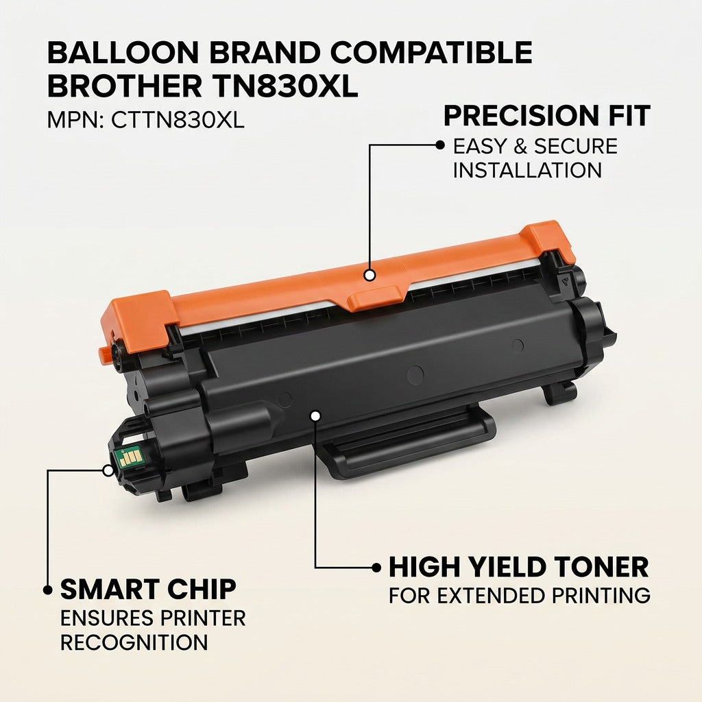 A PDP visual matrix image showing the Balloon Brand Compatible TN830XL cartridge with pointers to keys features: SMART CHIP, PRECISION FIT, and HIGH YIELD TONER, translating tech into benefits.