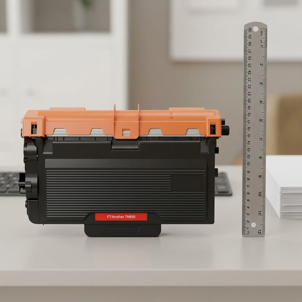 A studio shot of the compatible Brother TN850 toner cartridge next to a 30cm ruler.