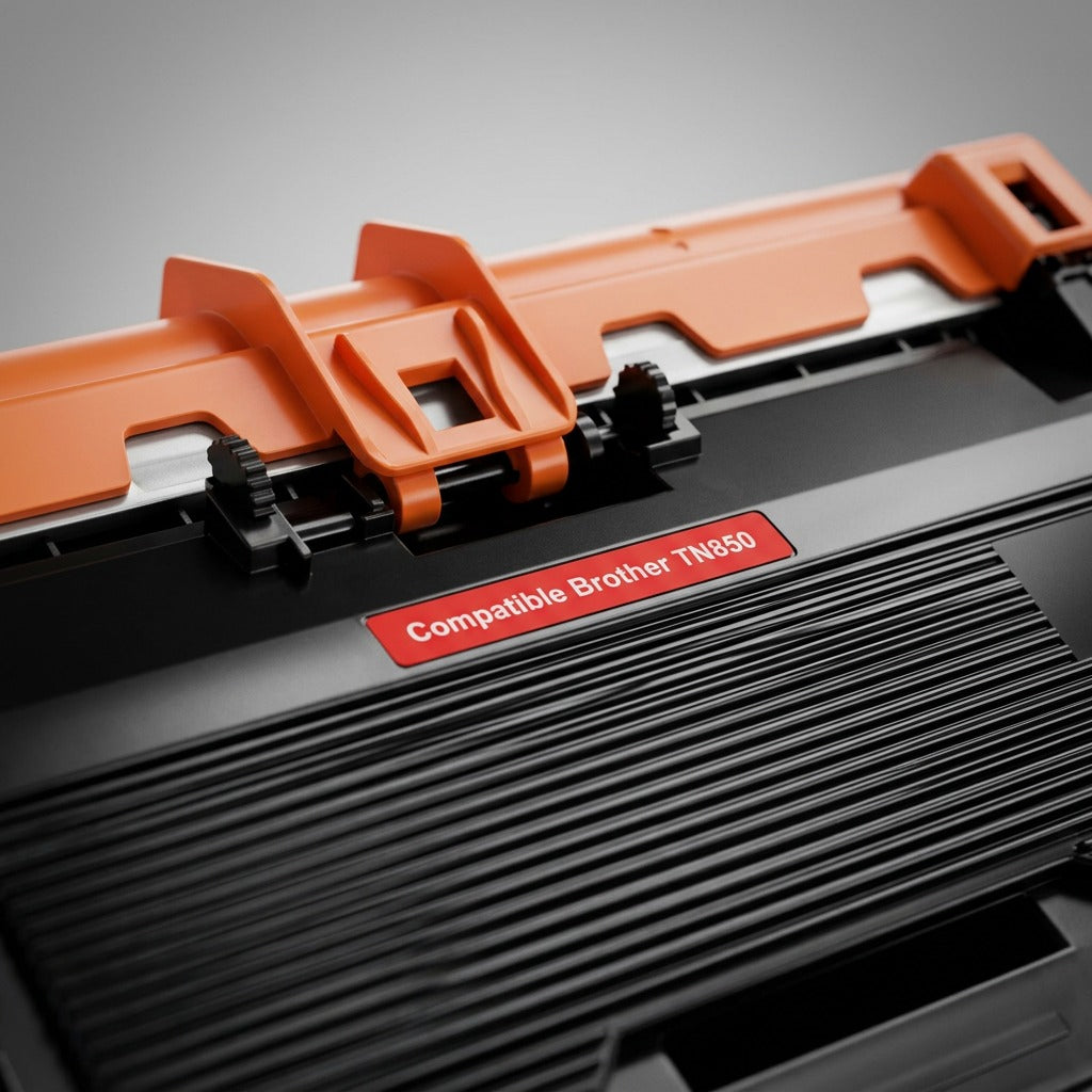 An extreme close-up photograph focusing on the ribbed texture, seam, and red label of the compatible black toner.