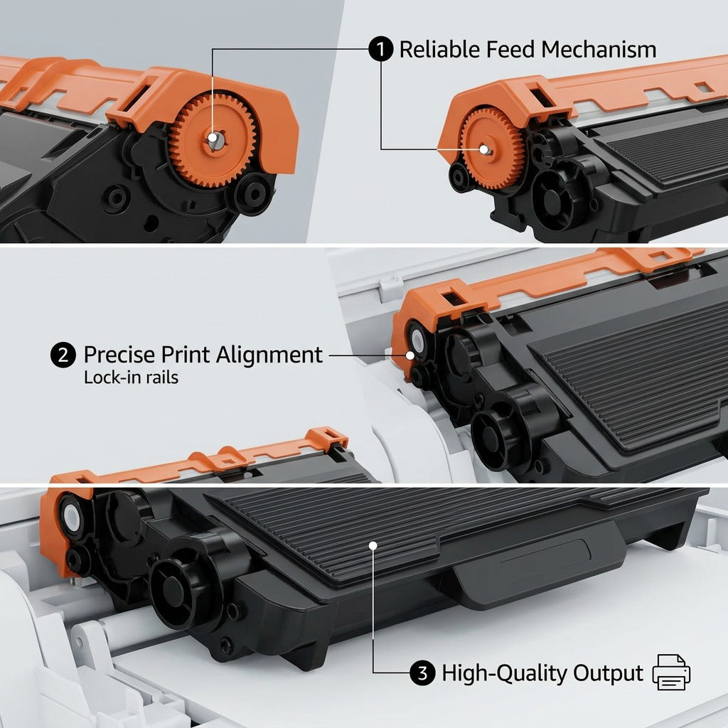 Product image matrix snippet showing TN850 toner's functional features: feed, alignment, and quality output.