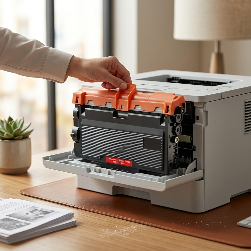 An extreme close-up of a Balloon Brand CTTN850 toner cartridge, showing precise details of its gears and orange cover, is highlighted by warm LED light as it's installed into a compatible laser printer. The printer's interface shows "Ready."
