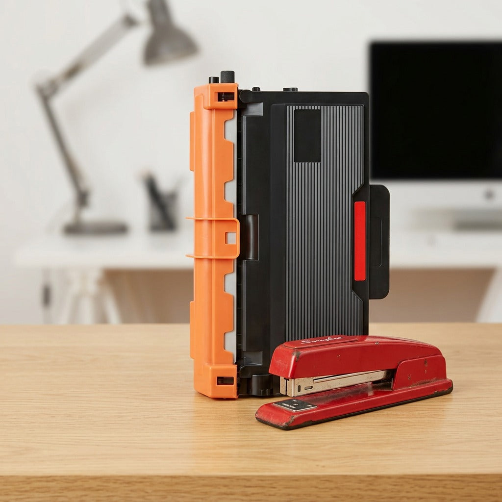 A photorealistic matrix scale shot: the TN880 toner cartridge stands beside a standard red desk stapler.