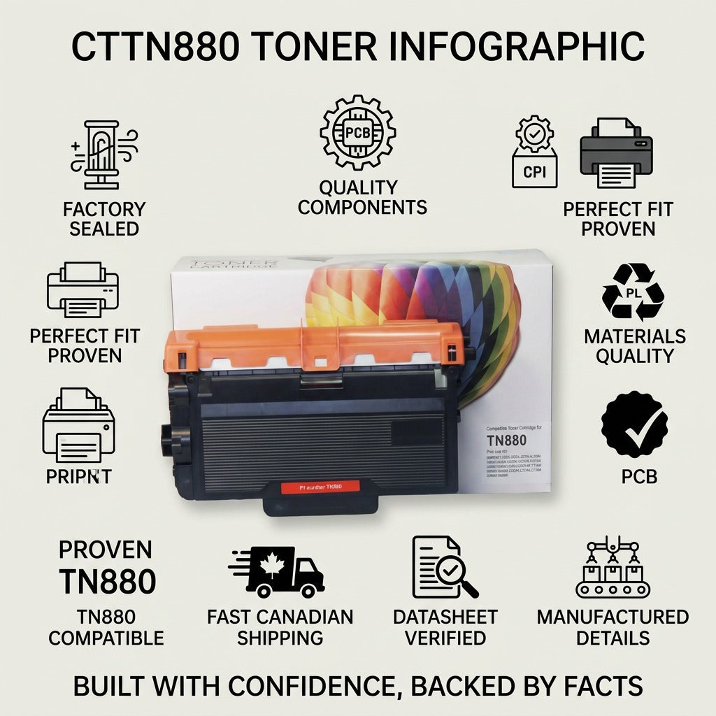 Infographic of Balloon Brand CTTN880 toner with icons for quality, compatibility, and fast Canadian shipping.