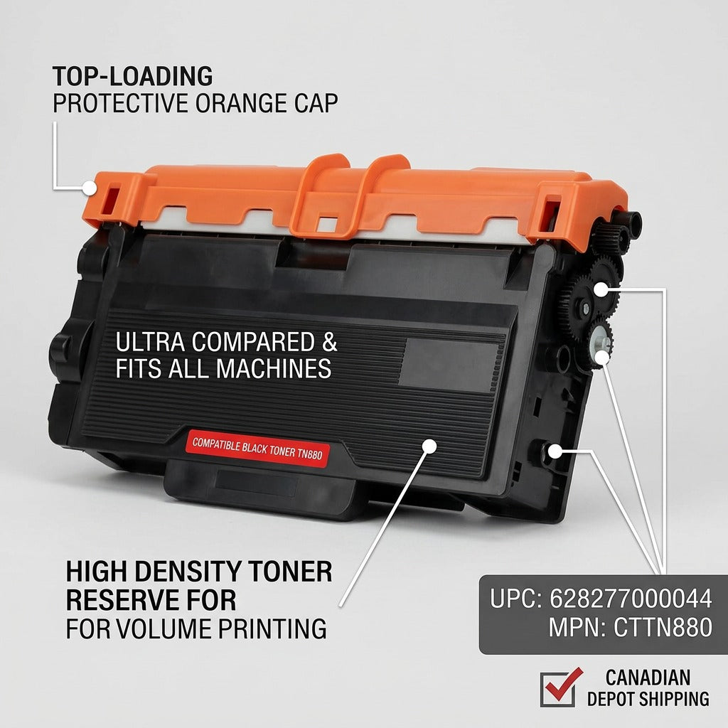Feature callout graphic shows a black printer cartridge with an orange cap, detailing its compatibility and high density capabilities.