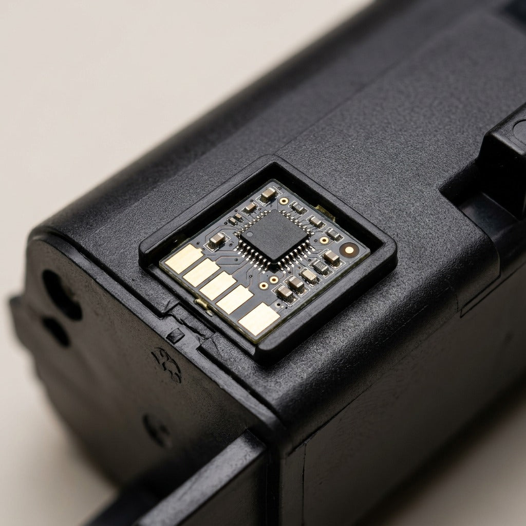 Extreme macro view of the W1340X toner cartridge showing the integrated high-yield chip and gold contacts.