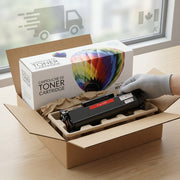 An premium e-commerce PDP unboxing scene shows a gloved hand lifting a secure W1340X toner from custom packaging.