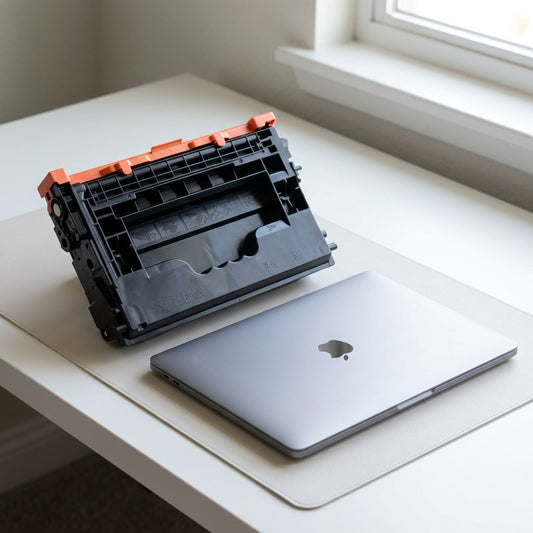 Product size reference showing the large W1470X toner cartridge on a desk next to a standard laptop.