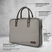 Feature callout graphic of the Bugatti briefcase highlighting handles, interior, and luggage pass-through.