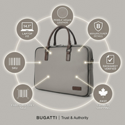 Trust and authority infographic for Bugatti EXB2161BU briefcase with factual feature icons.