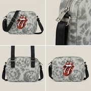 Matrix image displaying three identical light-grey tie-dye Rolling Stones crossbody bags from three different angles.