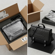 Two-panel visualization: a secure shipping box interior and the unwrapped Bugatti Rolling Stones bag.