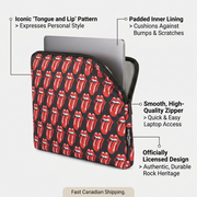 A polished e-commerce PDP graphic featuring the Bugatti high-quality laptop sleeve with the Rolling Stones icon on. Points show where points are used to add the best comfort and protection.