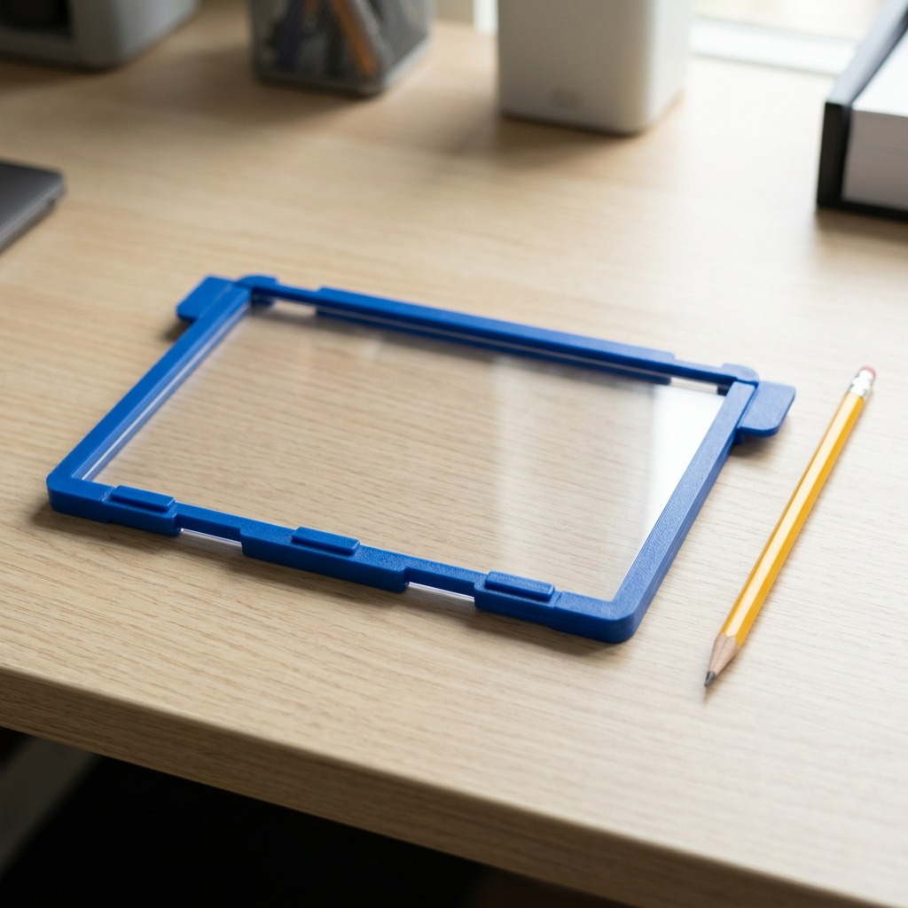 A Dremel 3D45 Build Plate (BP45-01) with its distinctive blue frame sits on a desk next to a standard yellow pencil for scale.