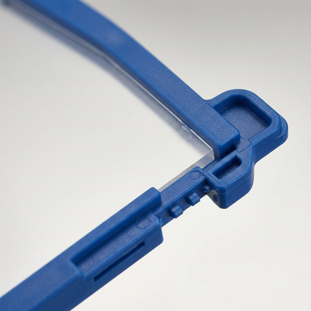 A macro photograph detailing the intricate clip and tab mechanism on the corner of the blue build plate frame for the Dremel 3D45, showing the clear build surface material.