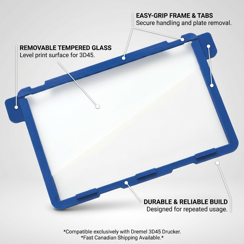 A product graphic of the Dremel 3D45 build plate with callouts highlighting its features and benefits.
