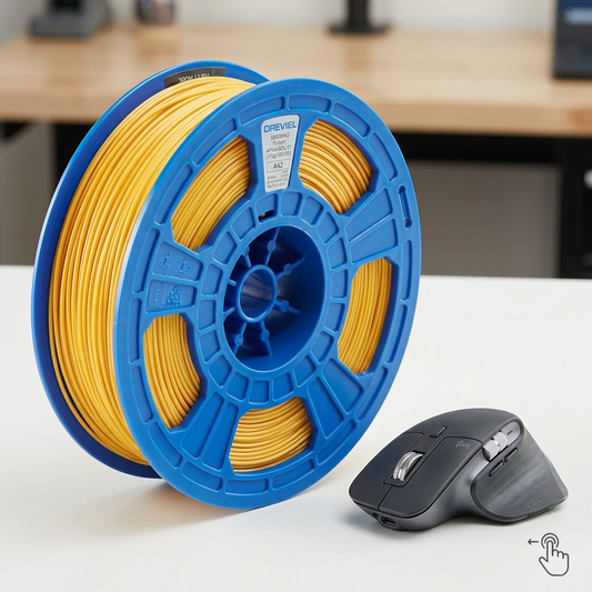 A scale comparison of the gold 3D PLA filament spool, accurately sized beside a modern desktop PC mouse.