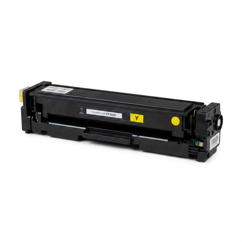 Pure high-resolution hero shot: Elevate Imaging Compatible HP CF402X yellow toner cartridge, centered on white.