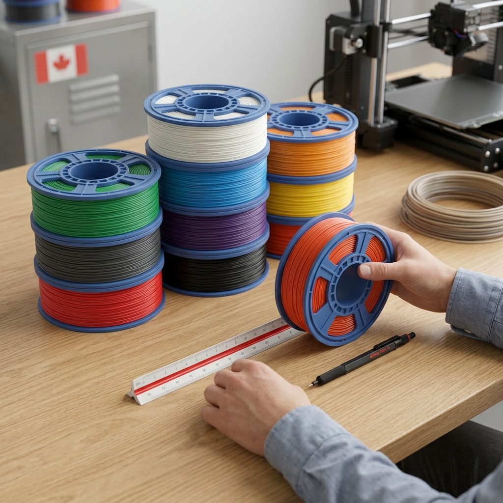 A person holds a 3PI Tech filament spool next to a ruler and other spools in a 3D printing workshop.