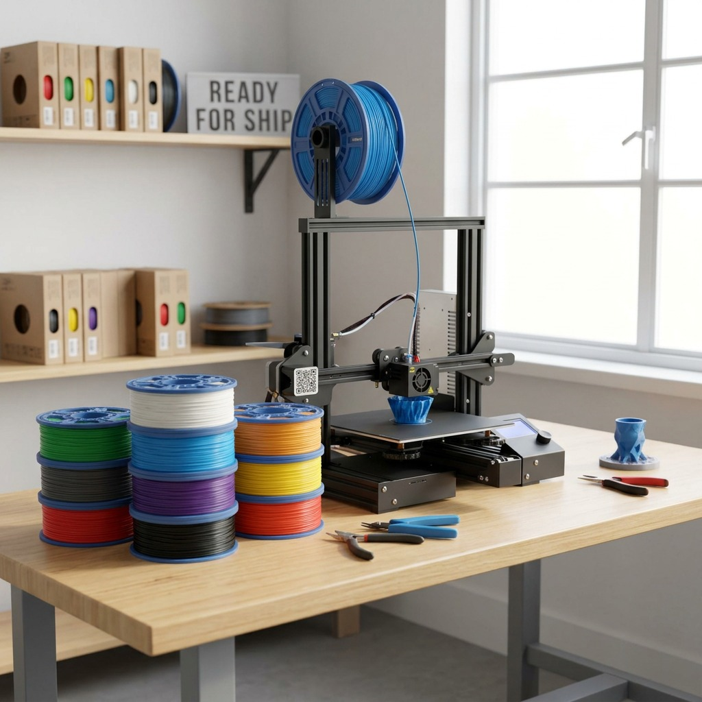 Ten-pack 3D filament spools set up on a workshop bench next to a 3D printer.