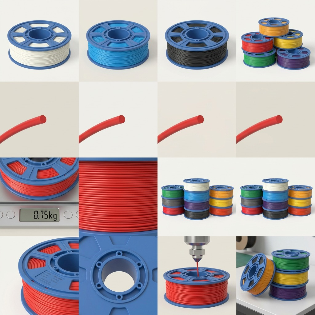 A varied product matrix grid showcasing multiple 3D filament colors, weights, and application details.
