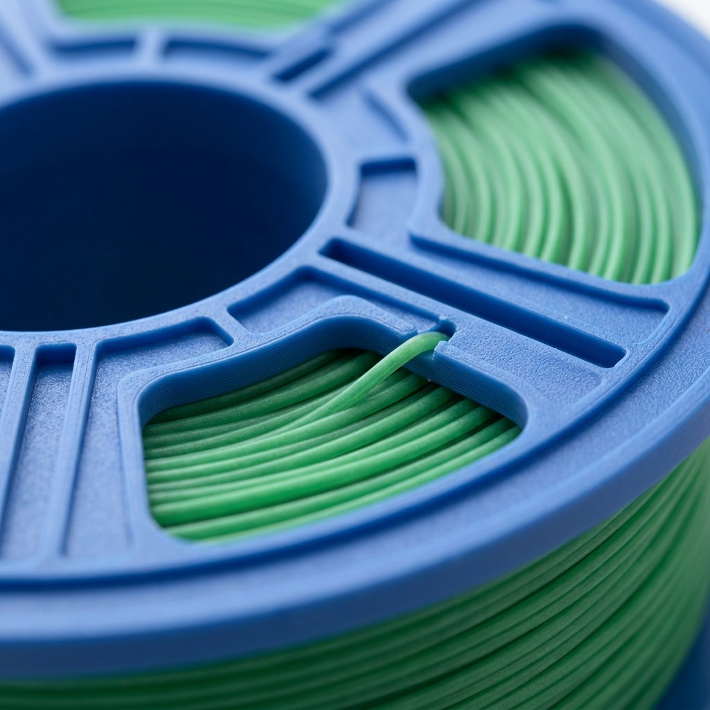 Extremely detailed macro shot of green PLA filament on its spool, showing uniform texture.
