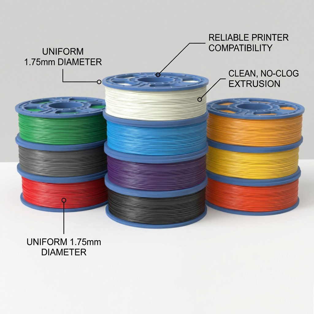 Product detail graphic showcasing key benefits of 10-pack PLA filament with pointer lines and text.