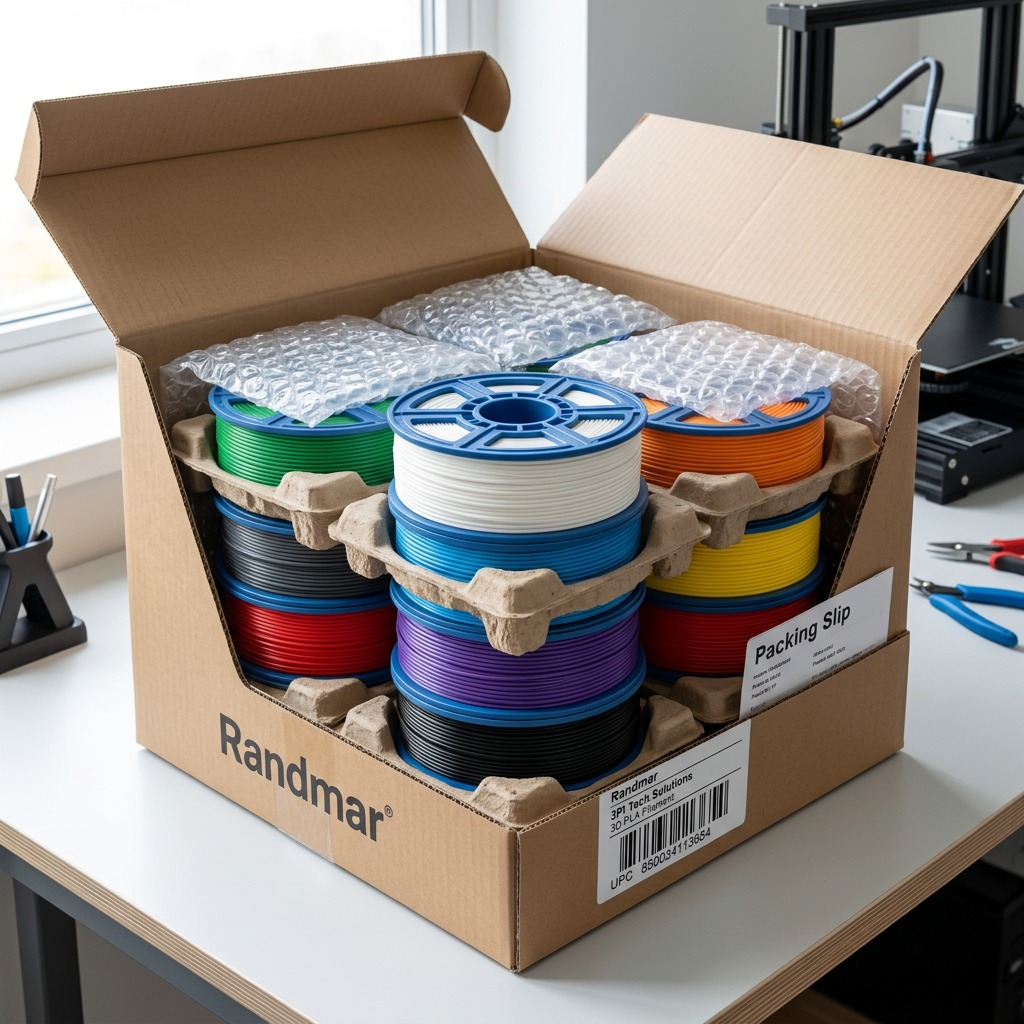 Premium 3D printing filament 10-pack unboxing, showing securely packed spools and materials.
