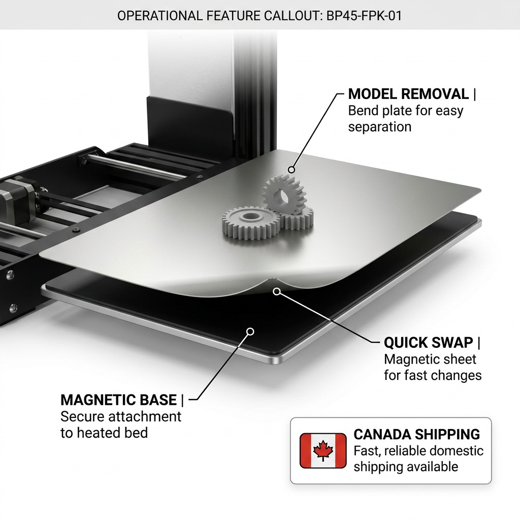A feature graphic for the BP45-FPK-01 conversion kit, showing it in action on a 3D printer bed. Short labels point to the flexible build plate ("Bend for Easy Part Removal") and the magnetic base ("Quick Magnetic Swapping"). A small icon and text box mentions "Canadian Shipping Available." The styling is a clean ecommerce infographic.